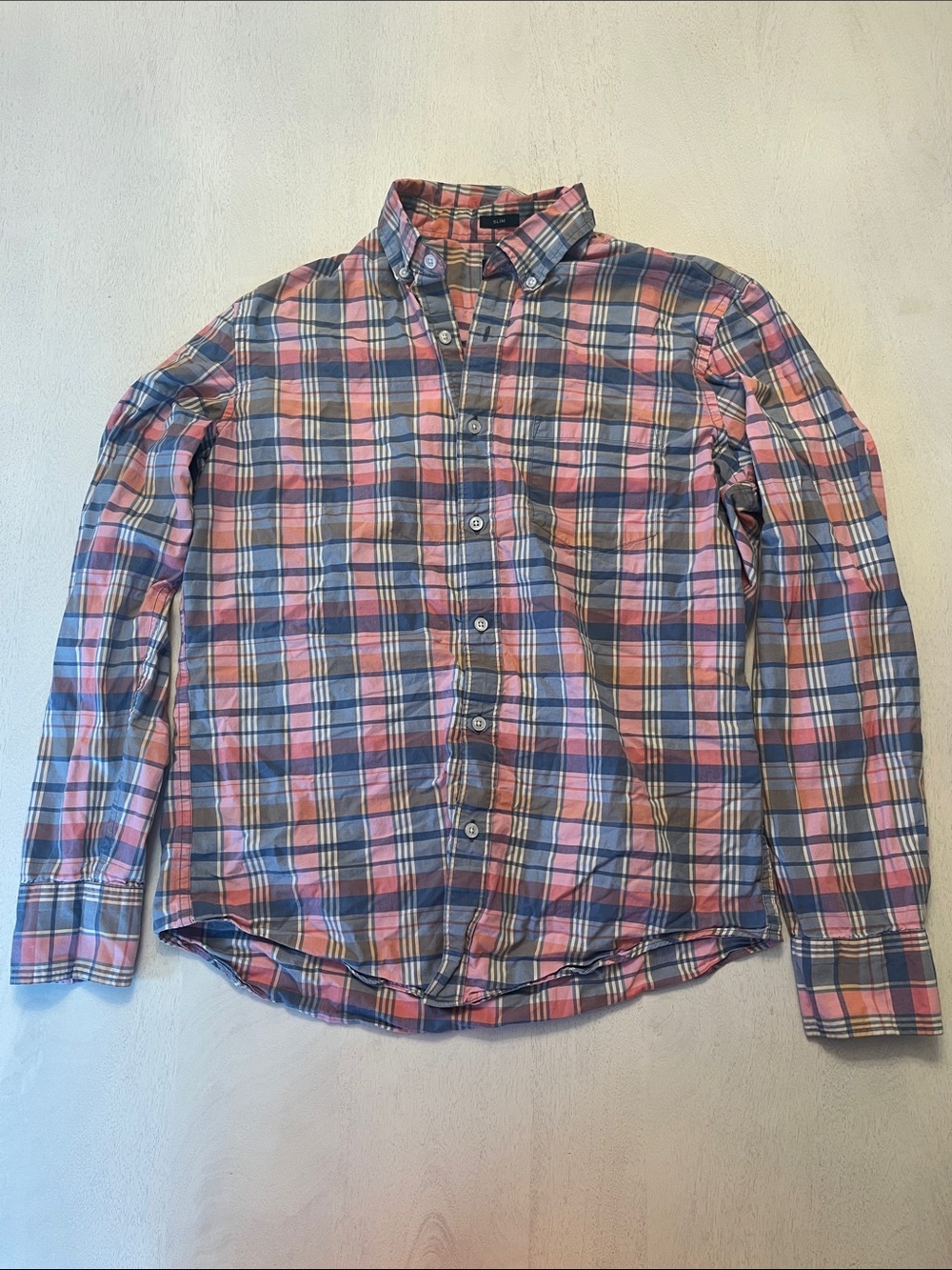 J. Crew Men’s Slim Flex Washed Pink and Blue Plaid Cotton Button-Down Shirt
